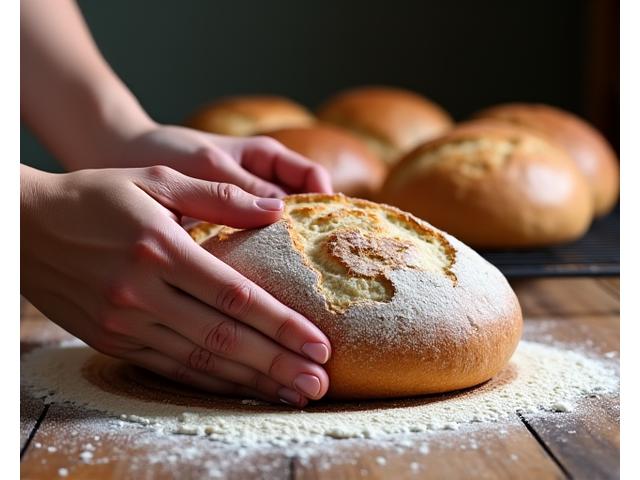 Hands covered lightly in flour, shaping sourdough bread dough on a wooden surface, with rustic baked loaves in the background.