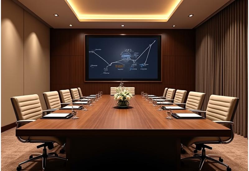 A modern boardroom set up for a corporate meeting with a presentation screen and elegant table arrangements.